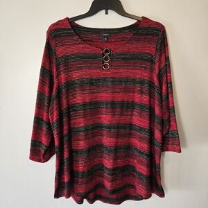 Cocomo Red Black Gold Metallic Stripe O-Ring Stretch Knit Tunic Top Plus Size 3X